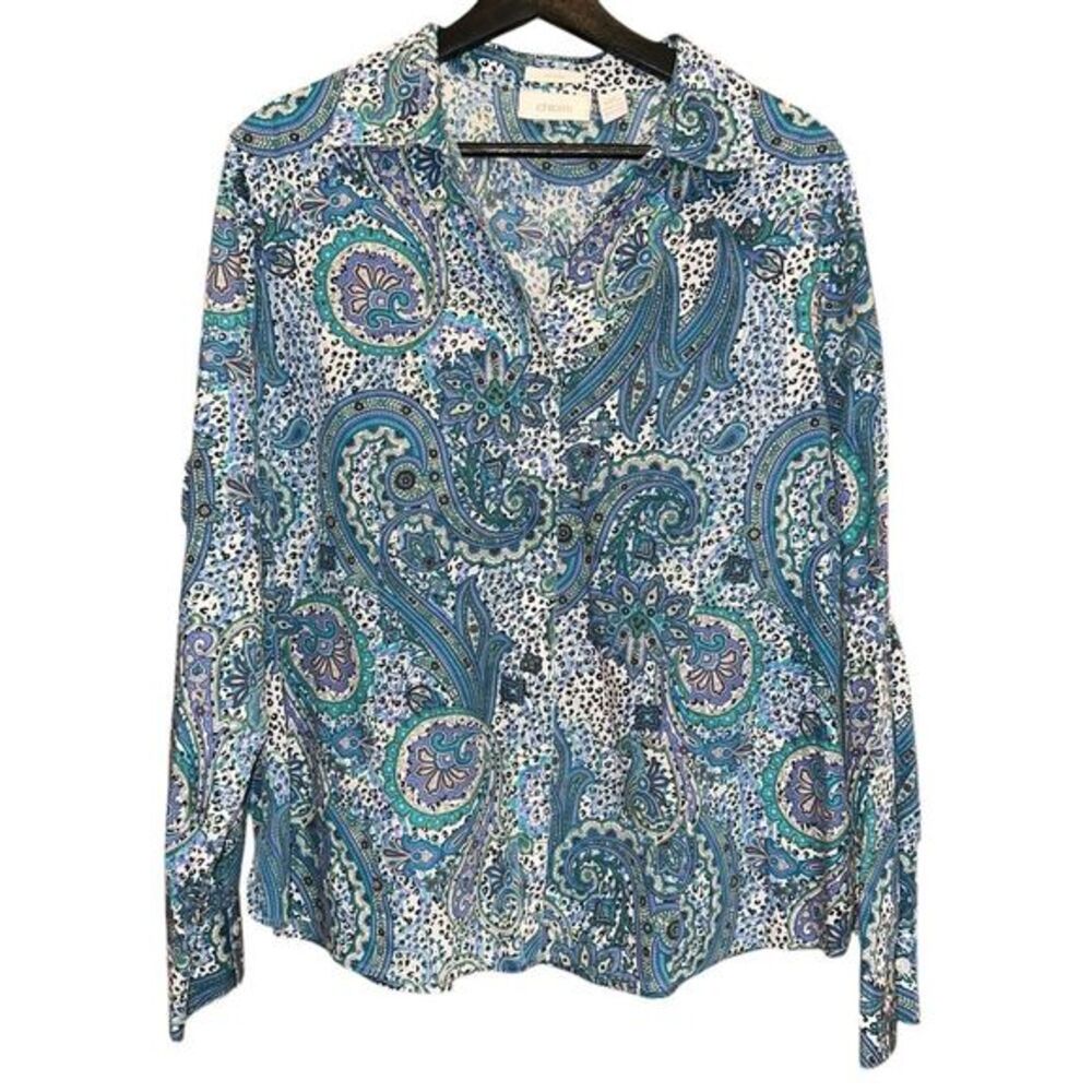 Chicos Size 3 Paisley Leopard Print Button Down Shirt Blue Green Animal Print XL
